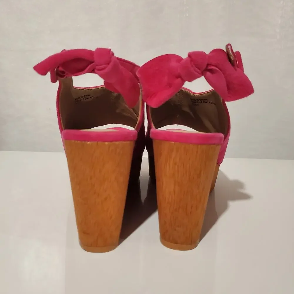 Anthropologie Bow Back Suede Leather Wood Wedge Sandal Size 6M Hot Pink Open Toe